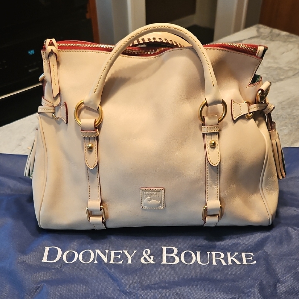 Dooney & Bourke Cream Leather Satchel with Red Trim